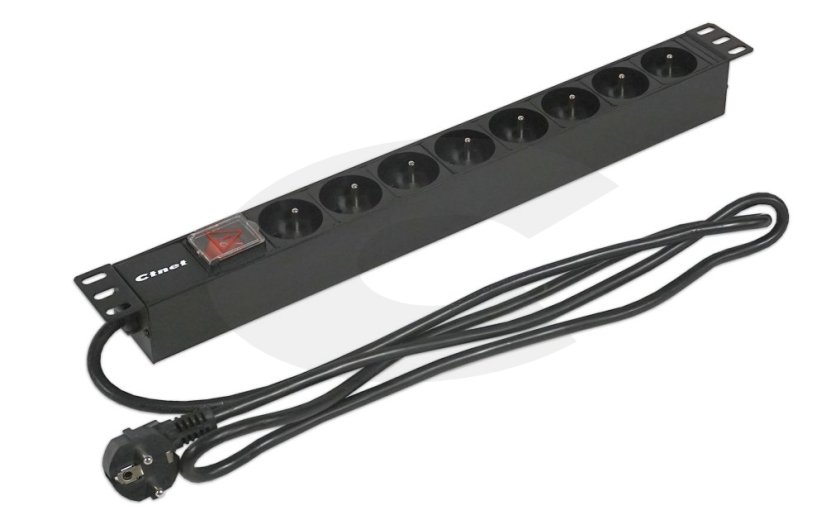 19“ napájecí panel 1U, 8xCZ, vypínač, 1,8m kabel CZ, RAL9005