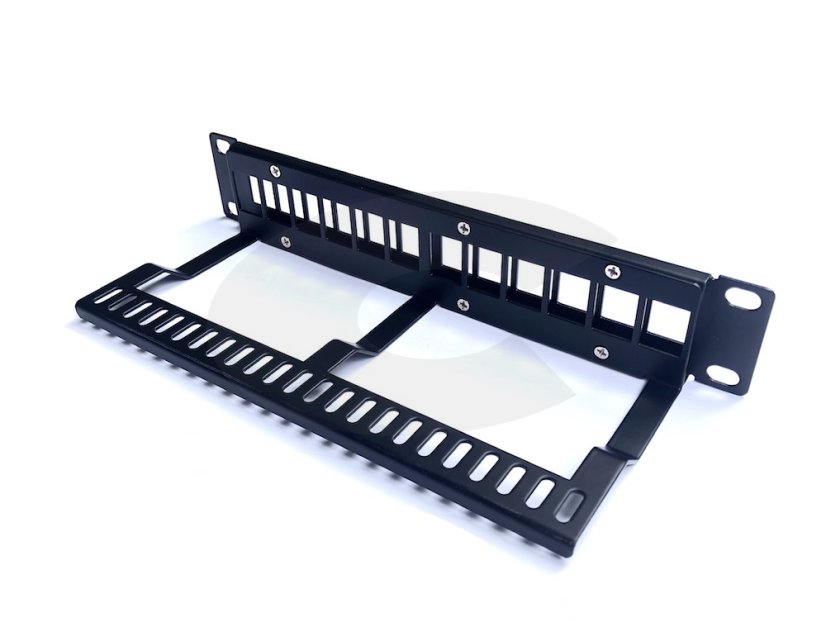 10 Patch panel 12port modulární s vyvazovací lištou, zadní pohled