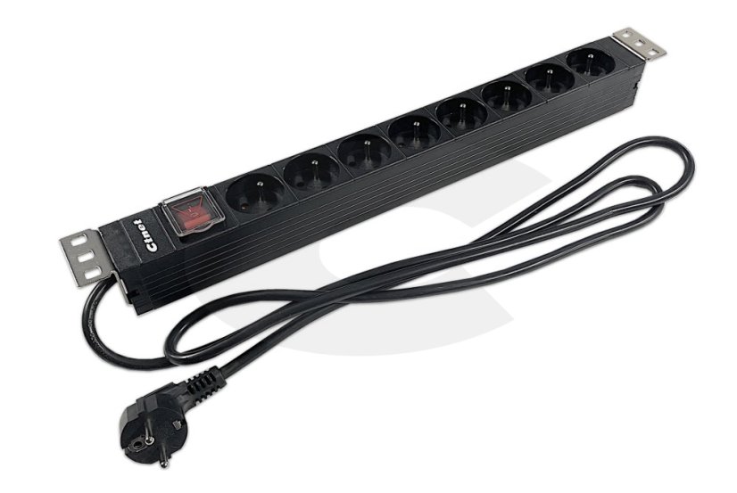 19“ napájecí panel 1U, 8xCZ, vypínač, 2m kabel CZ, RAL9005