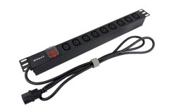 19“ napájecí panel 1U, 9x IEC C13, vypínač, 2m kabel C14, RAL9005