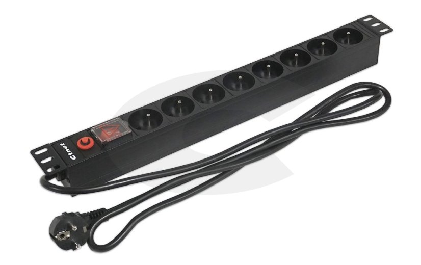 19“ napájecí panel 1U, 8xCZ, přepěťová ochrana, vypínač, 2m kabel CZ, RAL9005