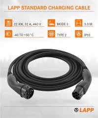 Nabíjecí kabel Typ 2, až 22 kW, 3 m, černý